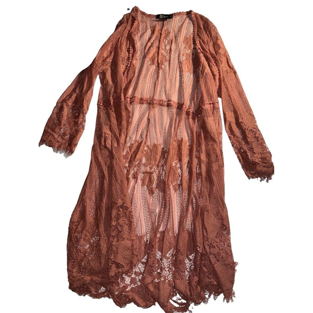 Y2k Miss Chevous Pink Sheer Floral Lace Robe V-Neck Tie 3/4 Sleeve Sz S